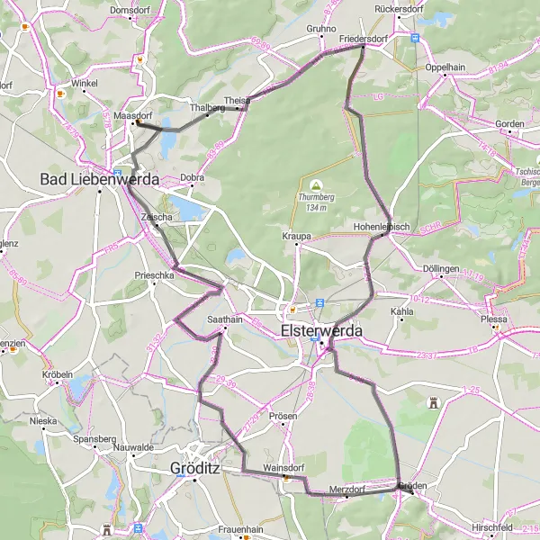 Map miniature of "Gröden's Countryside Gauntlet" cycling inspiration in Brandenburg, Germany. Generated by Tarmacs.app cycling route planner