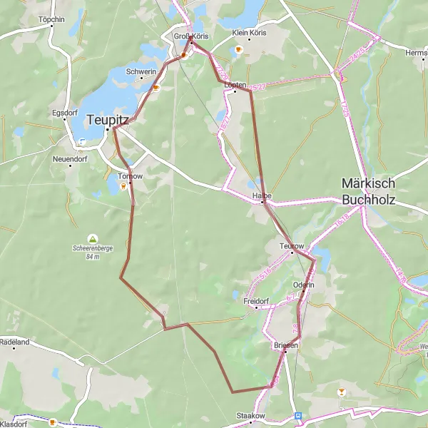 Map miniature of "Short Gravel Adventure: Scenic Delights of Groß Köris" cycling inspiration in Brandenburg, Germany. Generated by Tarmacs.app cycling route planner