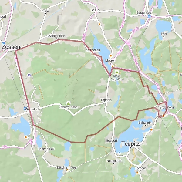 Map miniature of "Gravel Heaven: Exploring Groß Köris and Beyond" cycling inspiration in Brandenburg, Germany. Generated by Tarmacs.app cycling route planner