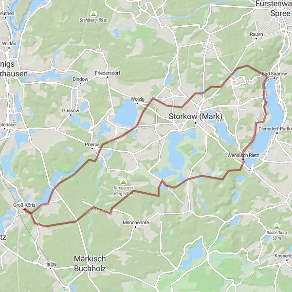 Map miniature of "Gravel Adventure: Around Groß Köris" cycling inspiration in Brandenburg, Germany. Generated by Tarmacs.app cycling route planner