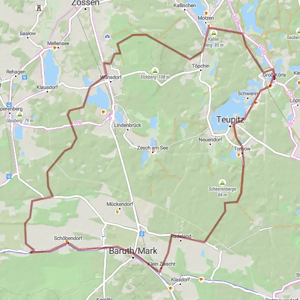 Map miniature of "Lake Trails Gravel Expedition" cycling inspiration in Brandenburg, Germany. Generated by Tarmacs.app cycling route planner