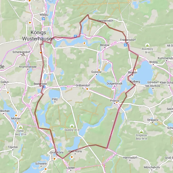 Map miniature of "Groß Köris Gravel Adventure" cycling inspiration in Brandenburg, Germany. Generated by Tarmacs.app cycling route planner