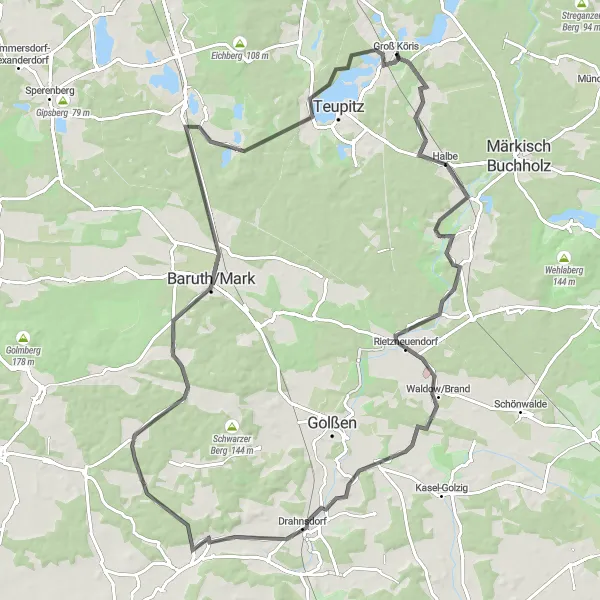 Map miniature of "Southern Brandenburg Scenic Road Tour" cycling inspiration in Brandenburg, Germany. Generated by Tarmacs.app cycling route planner
