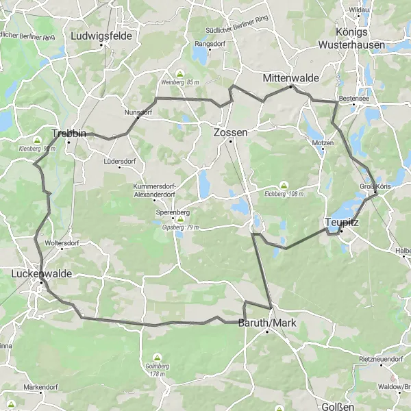 Map miniature of "Scenic Road Cycling: Groß Köris and Surroundings" cycling inspiration in Brandenburg, Germany. Generated by Tarmacs.app cycling route planner