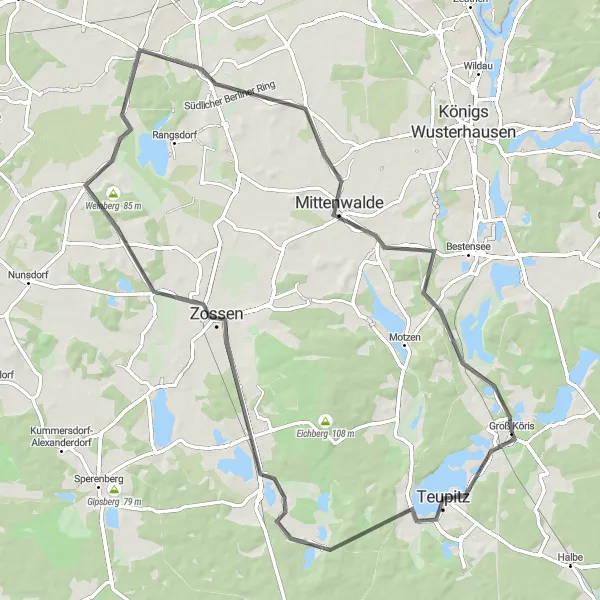 Map miniature of "Around Groß Köris 76km" cycling inspiration in Brandenburg, Germany. Generated by Tarmacs.app cycling route planner