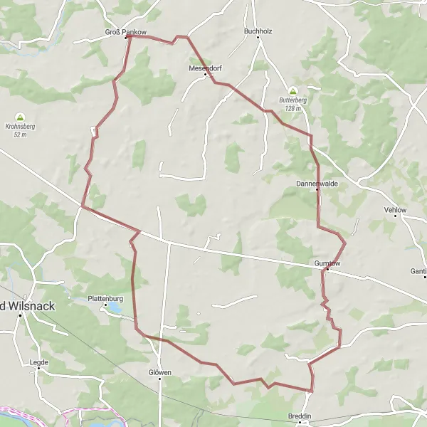 Map miniature of "Gravel Cycling Tour: Groß Pankow to Guhlsdorf" cycling inspiration in Brandenburg, Germany. Generated by Tarmacs.app cycling route planner