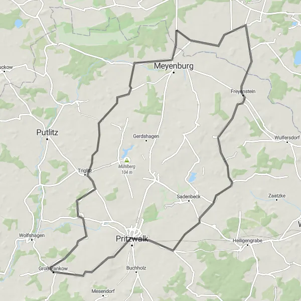 Map miniature of "Road Cycling Tour: Groß Pankow to Kuhsdorf via Freyenstein" cycling inspiration in Brandenburg, Germany. Generated by Tarmacs.app cycling route planner