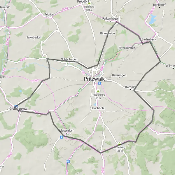 Map miniature of "Road Escape: Groß Pankow Loop" cycling inspiration in Brandenburg, Germany. Generated by Tarmacs.app cycling route planner