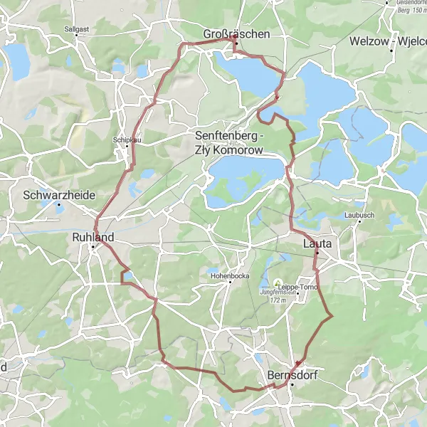 Map miniature of "Gravel Circuit to Meuro" cycling inspiration in Brandenburg, Germany. Generated by Tarmacs.app cycling route planner