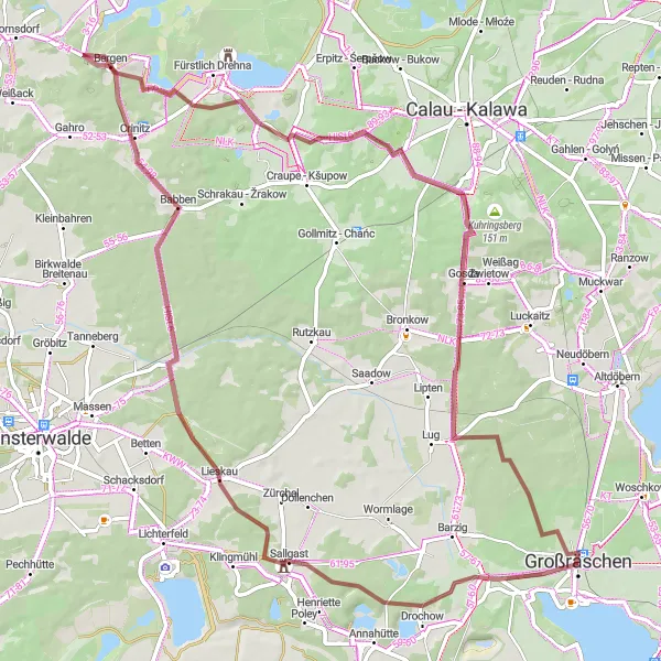 Map miniature of "Scenic Gravel Loop to Lieskau" cycling inspiration in Brandenburg, Germany. Generated by Tarmacs.app cycling route planner