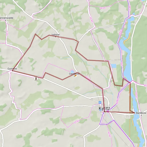 Map miniature of "Kyritz and Steinberg Gravel Loop" cycling inspiration in Brandenburg, Germany. Generated by Tarmacs.app cycling route planner