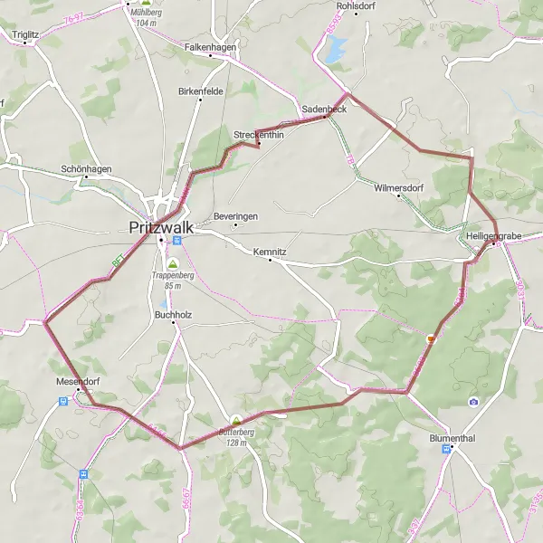 Map miniature of "Scenic Gravel Tour around Langnow and Maulbeerwalde" cycling inspiration in Brandenburg, Germany. Generated by Tarmacs.app cycling route planner