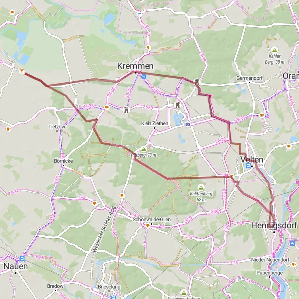 Map miniature of "Marwitz and Kremmen Gravel Loop" cycling inspiration in Brandenburg, Germany. Generated by Tarmacs.app cycling route planner