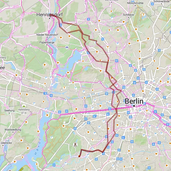 Map miniature of "Off-Road Exploration: Discover Hidden Gems Near Hennigsdorf" cycling inspiration in Brandenburg, Germany. Generated by Tarmacs.app cycling route planner