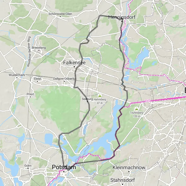 Map miniature of "Road Cycling Explorations: Havel River and Beyond" cycling inspiration in Brandenburg, Germany. Generated by Tarmacs.app cycling route planner