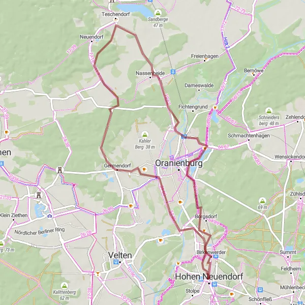 Karten-Miniaturansicht der Radinspiration "Gravelabenteuer durch Nassenheide und Birkenwerder" in Brandenburg, Germany. Erstellt vom Tarmacs.app-Routenplaner für Radtouren