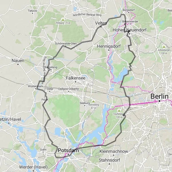 Map miniature of "The Serene Berlin-Potsdam Route" cycling inspiration in Brandenburg, Germany. Generated by Tarmacs.app cycling route planner