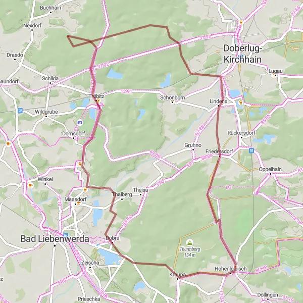 Karten-Miniaturansicht der Radinspiration "Gravel-Rundtour von Dobra nach Friedersdorf" in Brandenburg, Germany. Erstellt vom Tarmacs.app-Routenplaner für Radtouren