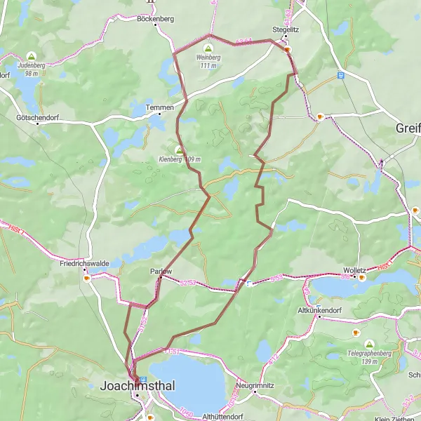 Map miniature of "Joachimsthal Gravel Exploration" cycling inspiration in Brandenburg, Germany. Generated by Tarmacs.app cycling route planner