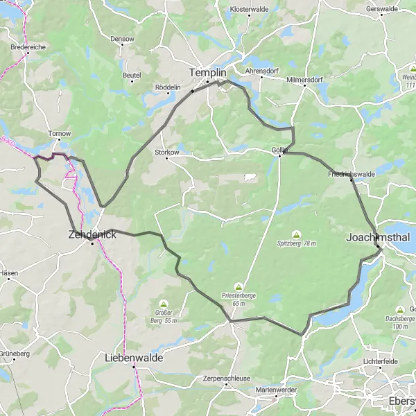 Map miniature of "Werbellinsee - Friedrichswalde Extended Ride" cycling inspiration in Brandenburg, Germany. Generated by Tarmacs.app cycling route planner