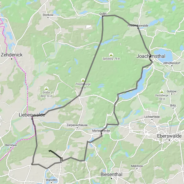 Karten-Miniaturansicht der Radinspiration "Durchquerung der Schorfheide" in Brandenburg, Germany. Erstellt vom Tarmacs.app-Routenplaner für Radtouren