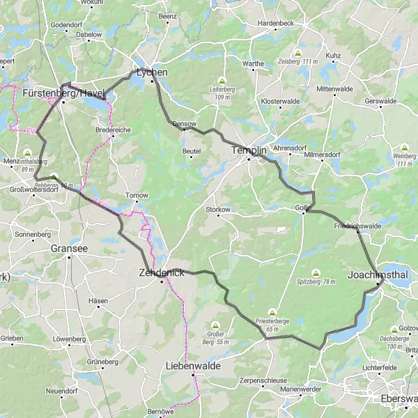 Karten-Miniaturansicht der Radinspiration "Radtour rund um Lychen" in Brandenburg, Germany. Erstellt vom Tarmacs.app-Routenplaner für Radtouren