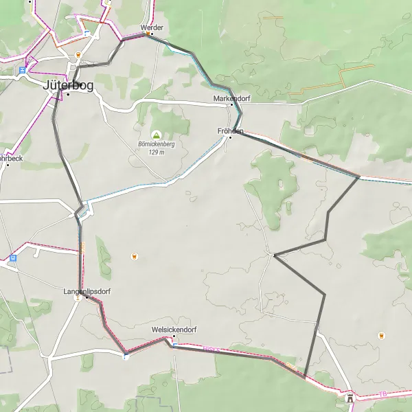 Karten-Miniaturansicht der Radinspiration "Jüterbog und die malerische Umgebung" in Brandenburg, Germany. Erstellt vom Tarmacs.app-Routenplaner für Radtouren