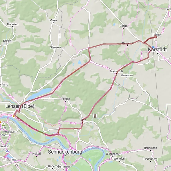 Karten-Miniaturansicht der Radinspiration "Die Lanz-Gravel-Tour" in Brandenburg, Germany. Erstellt vom Tarmacs.app-Routenplaner für Radtouren