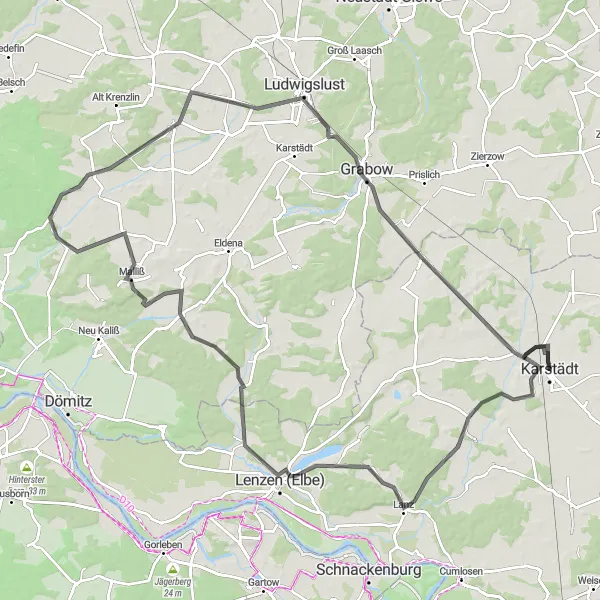 Karten-Miniaturansicht der Radinspiration "Die Lenzen-Ludwigslust-Strecke" in Brandenburg, Germany. Erstellt vom Tarmacs.app-Routenplaner für Radtouren