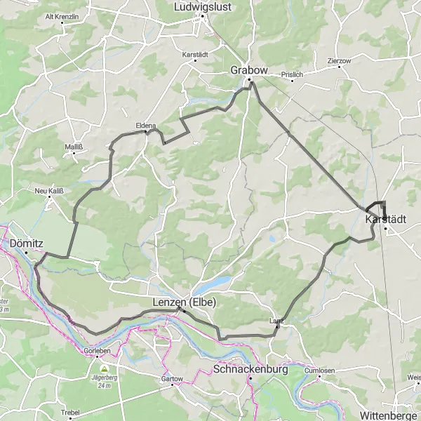 Karten-Miniaturansicht der Radinspiration "Tour durch Lenzerwische und Malk Göhren" in Brandenburg, Germany. Erstellt vom Tarmacs.app-Routenplaner für Radtouren