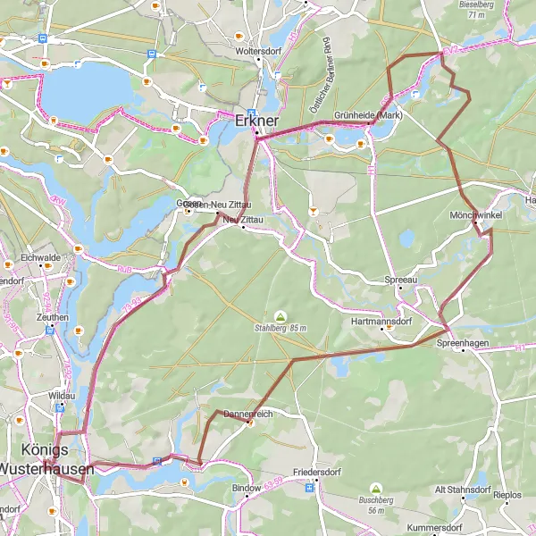 Map miniature of "The Grünheide Adventure" cycling inspiration in Brandenburg, Germany. Generated by Tarmacs.app cycling route planner
