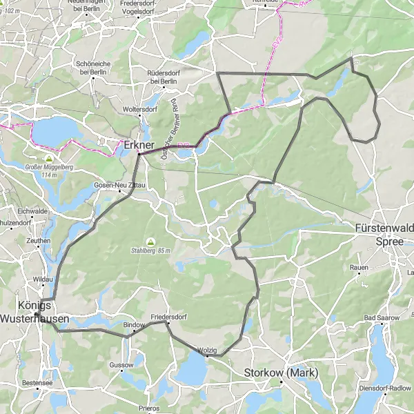 Karten-Miniaturansicht der Radinspiration "Road-Tour rund um Königs Wusterhausen" in Brandenburg, Germany. Erstellt vom Tarmacs.app-Routenplaner für Radtouren