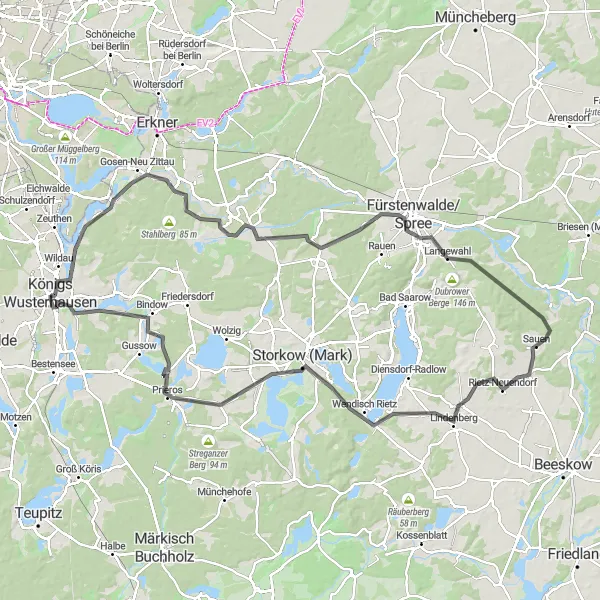 Map miniature of "Lakeside and Hillside" cycling inspiration in Brandenburg, Germany. Generated by Tarmacs.app cycling route planner