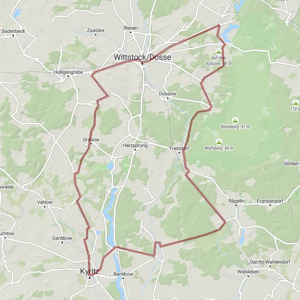 Karten-Miniaturansicht der Radinspiration "Gravel-Abenteuer um Kyritz" in Brandenburg, Germany. Erstellt vom Tarmacs.app-Routenplaner für Radtouren