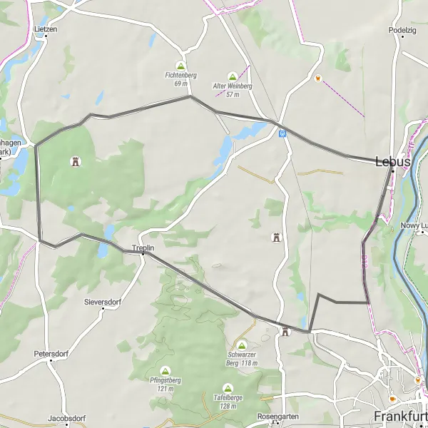 Map miniature of "Booßen and Treplin Adventure" cycling inspiration in Brandenburg, Germany. Generated by Tarmacs.app cycling route planner