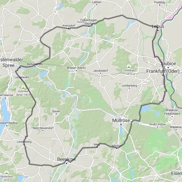 Map miniature of "Frankfurt (Oder) and Lindenberg Expedition" cycling inspiration in Brandenburg, Germany. Generated by Tarmacs.app cycling route planner