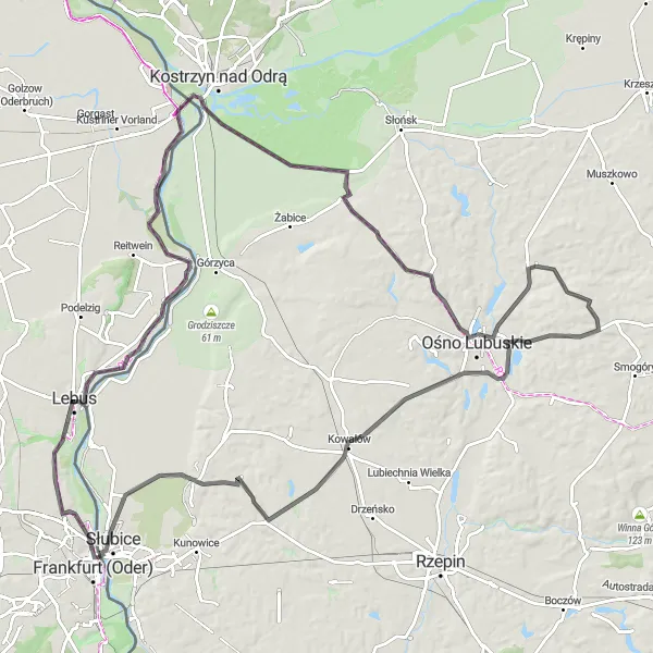 Map miniature of "The Kostrzyn Challenge" cycling inspiration in Brandenburg, Germany. Generated by Tarmacs.app cycling route planner