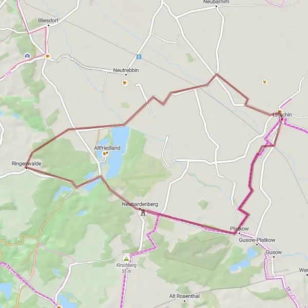 Karten-Miniaturansicht der Radinspiration "Gravel-Tour ab Letschin zur Erkundung der Umgebung" in Brandenburg, Germany. Erstellt vom Tarmacs.app-Routenplaner für Radtouren