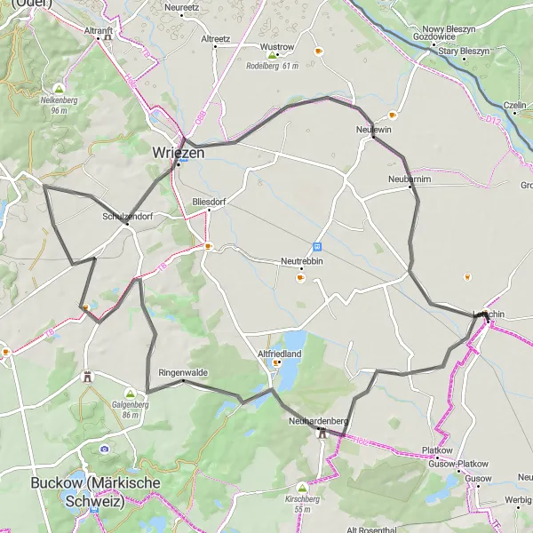 Karten-Miniaturansicht der Radinspiration "Radtour von Neuhardenberg nach Letschin" in Brandenburg, Germany. Erstellt vom Tarmacs.app-Routenplaner für Radtouren