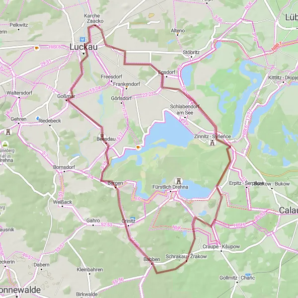 Karten-Miniaturansicht der Radinspiration "Gravel-Tour von Luckau nach Cahnsdorf und Luckau" in Brandenburg, Germany. Erstellt vom Tarmacs.app-Routenplaner für Radtouren