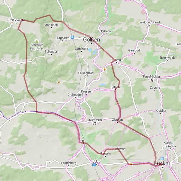 Karten-Miniaturansicht der Radinspiration "Abenteuerliche Gravel-Runde von Luckau nach Pelkwitz und Golßen" in Brandenburg, Germany. Erstellt vom Tarmacs.app-Routenplaner für Radtouren