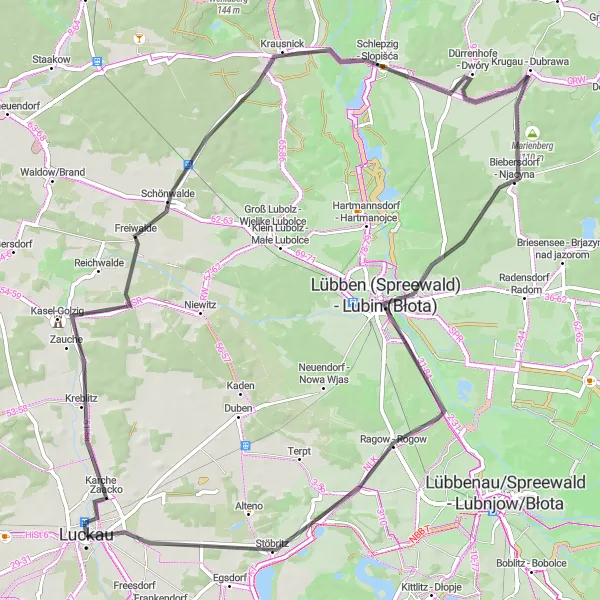 Karten-Miniaturansicht der Radinspiration "Landschaftserkundung von Luckau nach Kasel-Golzig und Roter Turm" in Brandenburg, Germany. Erstellt vom Tarmacs.app-Routenplaner für Radtouren