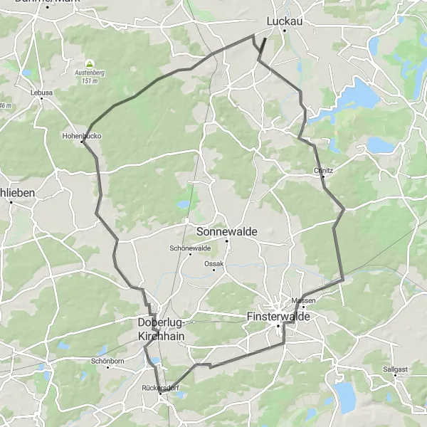 Karten-Miniaturansicht der Radinspiration "Rundtour durch die Niederlausitz" in Brandenburg, Germany. Erstellt vom Tarmacs.app-Routenplaner für Radtouren