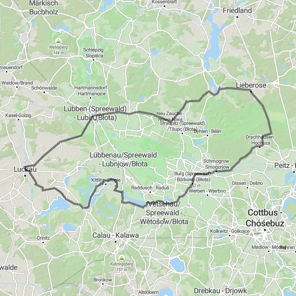 Karten-Miniaturansicht der Radinspiration "Rundtour durch Luckau und Umgebung" in Brandenburg, Germany. Erstellt vom Tarmacs.app-Routenplaner für Radtouren