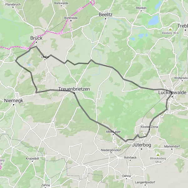 Map miniature of "Road to Historic Treasures" cycling inspiration in Brandenburg, Germany. Generated by Tarmacs.app cycling route planner