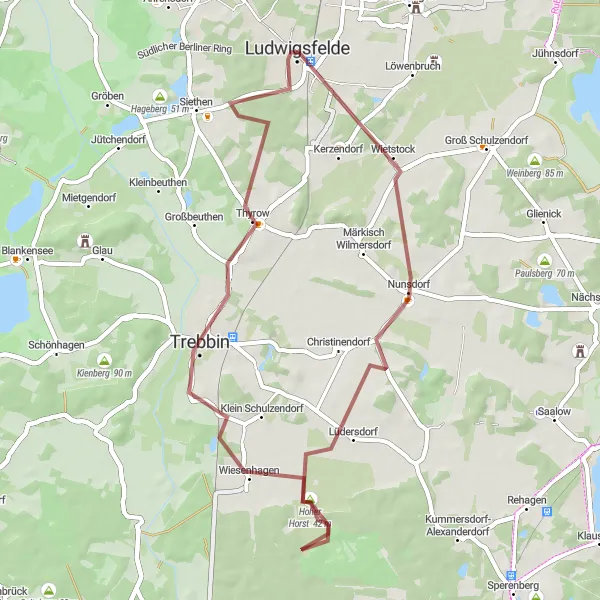 Karten-Miniaturansicht der Radinspiration "Rundfahrt um Ludwigsfelde - Nunsdorfer Berg" in Brandenburg, Germany. Erstellt vom Tarmacs.app-Routenplaner für Radtouren