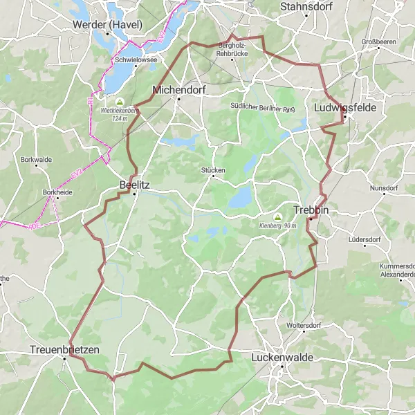 Karten-Miniaturansicht der Radinspiration "Über Hügel und Berge um Ludwigsfelde" in Brandenburg, Germany. Erstellt vom Tarmacs.app-Routenplaner für Radtouren
