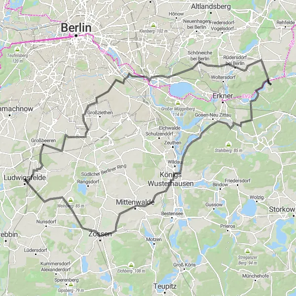 Karten-Miniaturansicht der Radinspiration "Ludwigsfelde-Rieselfeld-Mahlower Höhe-Johannisthal-Rüdersdorf bei Berlin-Grünheide (Mark)-Gosen-Neu Zittau-Paschenberg-Königs Wusterhausen-Funkerberg-Pennigsberg-Zossen-Hasenberg-Groß Schulzendorf-Stadtverwaltung" in Brandenburg, Germany. Erstellt vom Tarmacs.app-Routenplaner für Radtouren