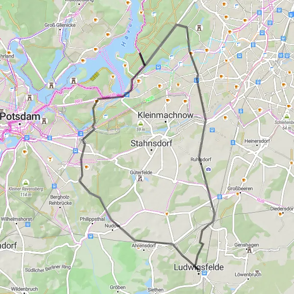 Karten-Miniaturansicht der Radinspiration "Durch grüne Wälder - Ludwigsfelde und Umgebung" in Brandenburg, Germany. Erstellt vom Tarmacs.app-Routenplaner für Radtouren