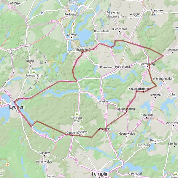 Map miniature of "Lychen - Zeisberg - Klaushagen - Gandenitz - Lychen - Küstrinchen - Thomsdorf - Klosterruine Boizenburg - Apollotempel" cycling inspiration in Brandenburg, Germany. Generated by Tarmacs.app cycling route planner